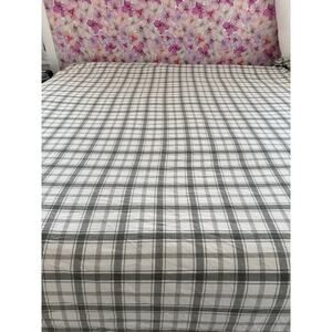 California King Flannel From Portugal Flat Sheet Gray Plaid 100% Cotton Single